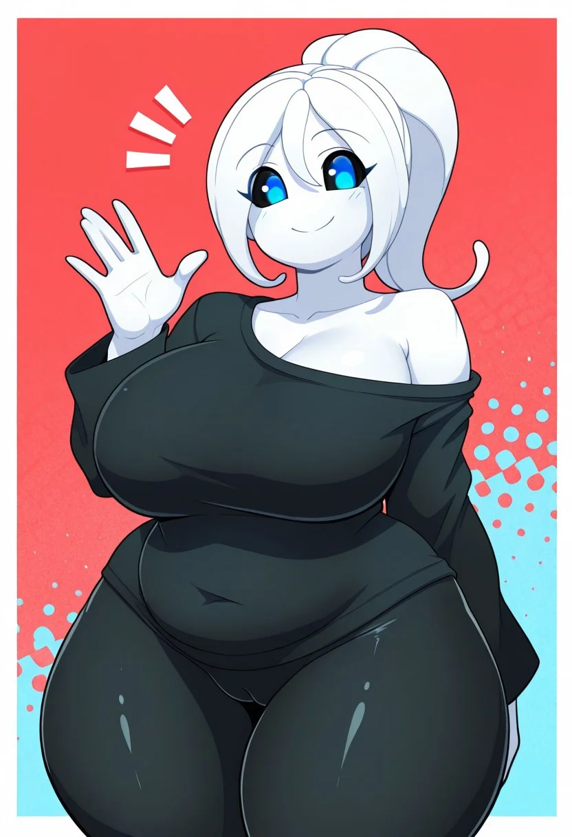 masterpiece, best quality, amazing quality, very aesthetic, high resolution, ultra-detailed, absurdres, newest, white border, (abstract background:1.3), ( red background | white background | blue background ), solo, 1female, hetero, chubby, bbw, huge thighs, al13nsp3c13sill, no nose, no ears, black sclera, blue eyes, white skin, white hair, black long sleeve shirt, off shoulder shirt, black leggings, cowboy shot, camel toe, looking at viewer, smiling, waving,