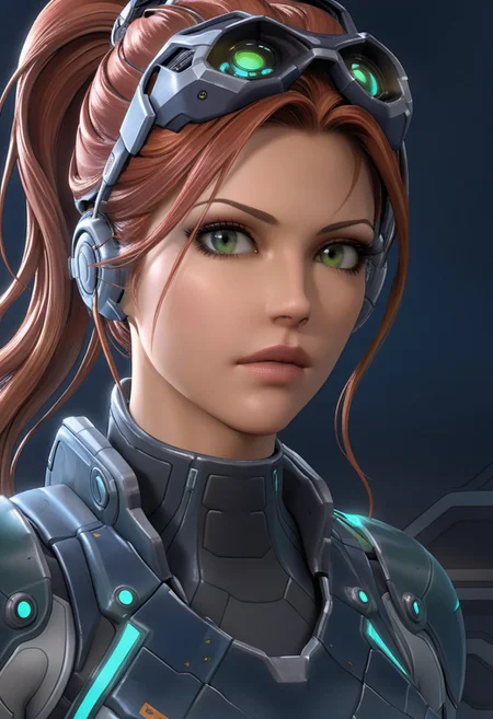 (masterpiece, top quality, 8K, high details), (comics), volumetric light, sfx effect accentuating the voluptuousness of the character, breathtaking, (medium full shot),
(solo female, "Sarah Kerrigan" from Starcraft), "Sarah Kerrigan" detailed face, posture exudes strength and precision, smooth brows, attractive eyelashes, soft makeup,red long detailed smooth hair, High Ponytail hairstyle, large hip, fit torso,green detailed eyes, eyes reflection, round iris of the eye, round pupil, symmetrical eyes, covert ops background, (futuristic "sniper riffle", holding a sniper in one hand),
(psychic effect emanating from her swirling purple and blue energy, The psychic power crackles like electricity warping the air around her with rippling waves, Nearby stones levitate and glow faintly under the psionic energy's influence),
BREAK,
A sleek futuristic grey breastplate and grey armored gloves and grey armored shoulder pads and grey reinforced boots with smooth futuristic grey metallic surfaces,armor features glowing green neon accents running along the edges of the suit creating a high-tech and tactical appearance, (white inner suit cloth), The tight fitting combat suit is detailed with subtle engravings and green panels that emphasize its advanced technology,
BREAK,
night visor,night visor on top of the head