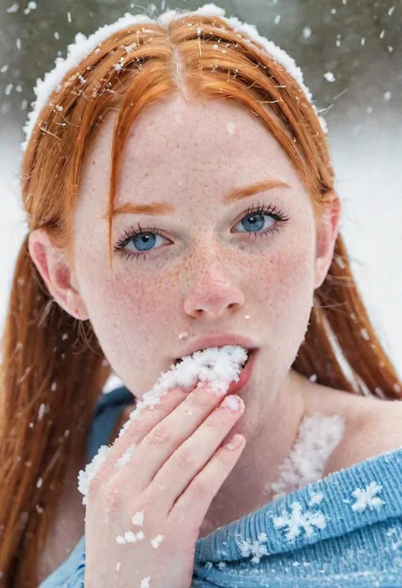 Pov blowjob, beautiful 18 years old girl, (sucking cock:1.4), penis in frame, cute,  (freckles), blue eyes, double pigtail ginger hair, (horny), bitting her own lips, kissing lips pose, tittering, giggle, naked(nsfw), seductive eyes, holding her own hair, (small breasts: 2.1), cold winter, (snowing:2.8), at the village, (held snow on her), hyperdetailed photography, soft light, cover, high resolution