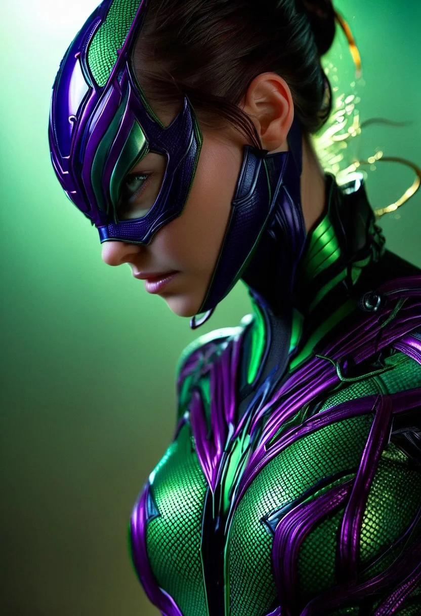 A young woman, hyper-realistic, with intricate, eerie Venom-inspired Vespid attire, adorned with dark, metallic accents and eerie, pulsing green undertones, set against a muted, high-contrast background, with soft, cinematic lighting casting deep shadows, emphasizing her determined expression, in a tight, close-up crop, with a shallow depth of field, blurring the edges of her dark, wispy hair.