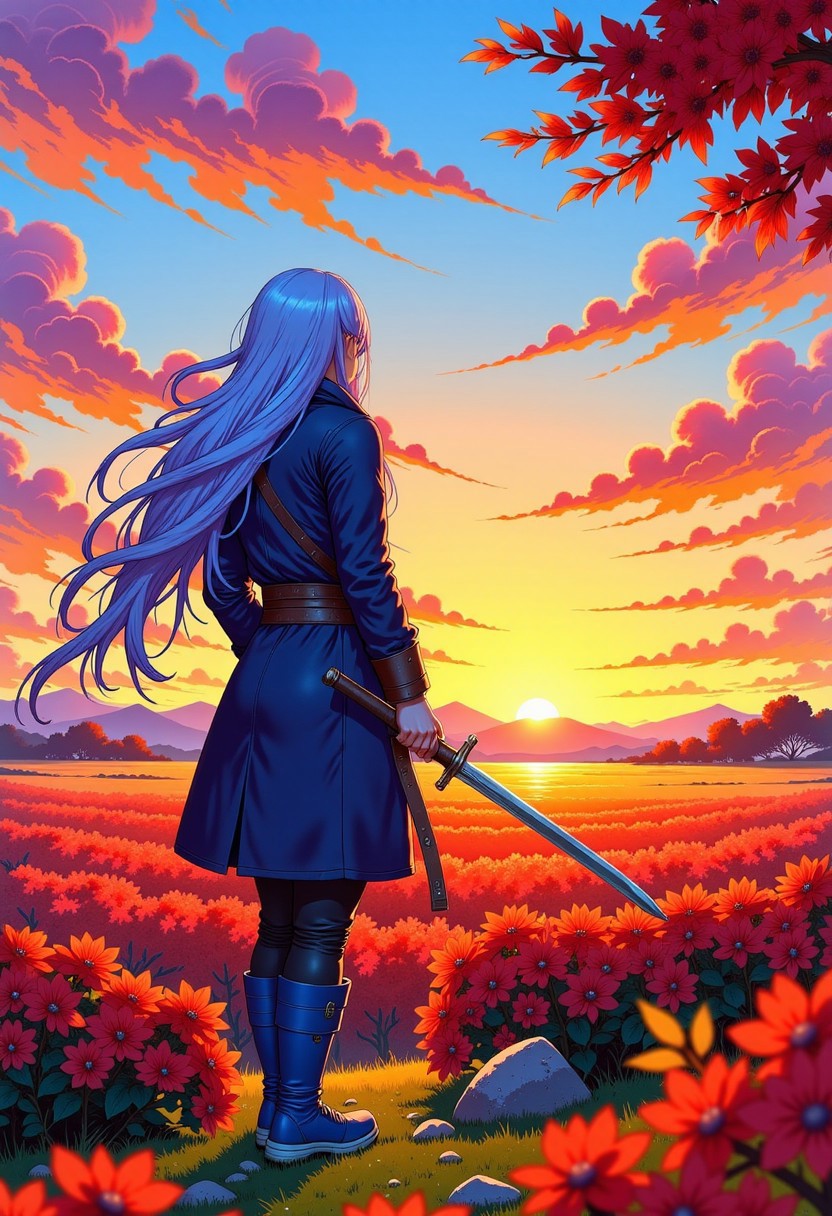 , high quality, high definition, high resolution, 4k, shaders, better lighting, better quality, GHIBSKY style, subject with long light blue hair, medium height with blue boots at knee height and black pants that fold when they reach the boots, wearing a blue coat and a garment around his neck, looking towards the horizon with a katana at hip height, the landscape would be full of red lycoris flowers that extend towards the horizon, with a sunset at golden hour where some rays of sunlight would mark the shape of the subject, his hair would be lifted by the wind.