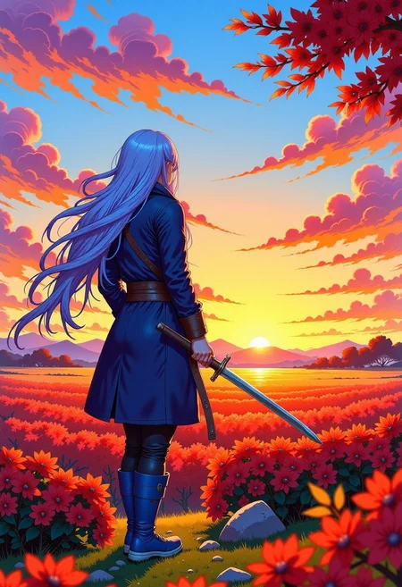 , high quality, high definition, high resolution, 4k, shaders, better lighting, better quality, GHIBSKY style, subject with long light blue hair, medium height with blue boots at knee height and black pants that fold when they reach the boots, wearing a blue coat and a garment around his neck, looking towards the horizon with a katana at hip height, the landscape would be full of red lycoris flowers that extend towards the horizon, with a sunset at golden hour where some rays of sunlight would mark the shape of the subject, his hair would be lifted by the wind.
