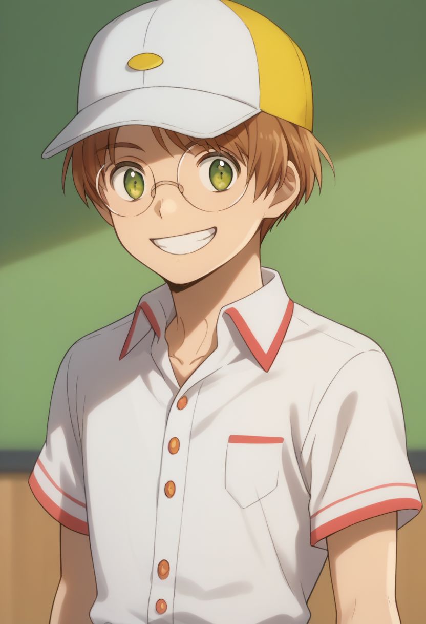 score_9, score_8_up, source_anime, highly detailed, 1boy, solo, male_focus, skinny,
1boy, 1boy, male focus, glasses, solo, brown hair, green eyes, upper body, short hair, collared shirt, hat, baseball cap, happy, grin,
indoor,
