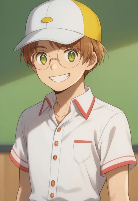 score_9, score_8_up, source_anime, highly detailed, 1boy, solo, male_focus, skinny,
1boy, 1boy, male focus, glasses, solo, brown hair, green eyes, upper body, short hair, collared shirt, hat, baseball cap, happy, grin,
indoor,