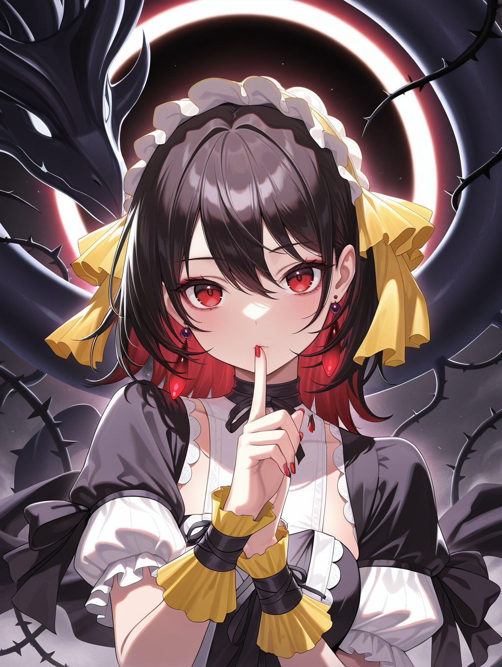 1girl,solo,looking at viewer,index finger raised,upper body,nail polish,solar eclipse,dark theme,thorns,red earrings,black dragon,black princess dress,yellow hairband,yellow short sleeves,finger to mouth,
masterpiece,best quality,amazing quality,very aesthetic,absurdres,newest,<lora:underworld goddess of the closed world illuXL v1:0.82>,