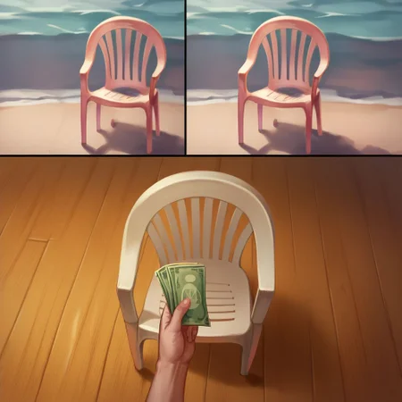 score_9, score_8_up, score_7_up, plastic chair, no humans, 2koma, instant loss, pov holding money, before and after, pov holding money before and after,