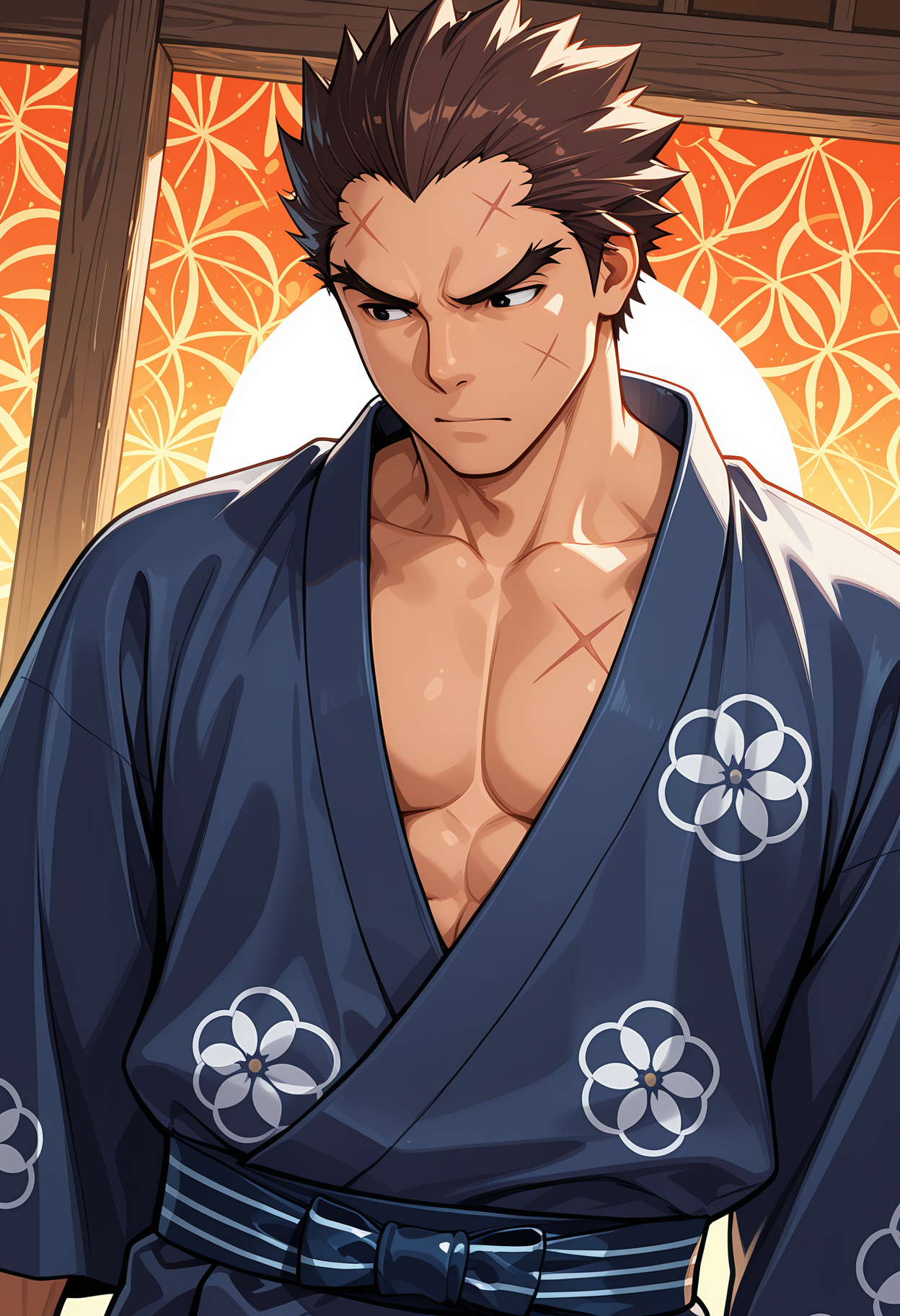 masterpiece, best quality, amazing quality, dutch angle, dynamic angle, abstract background, BREAK
1boy, male, rs_batsu, brown hair, scar, black eyes, thick eyebrows, yukata, japanese clothing, upper body focus, BREAK
<lora:cfg_scale_boost:.6>  <lora:Batsu_Ichimonji_-_Rival_Schools_-_ILXL:1>