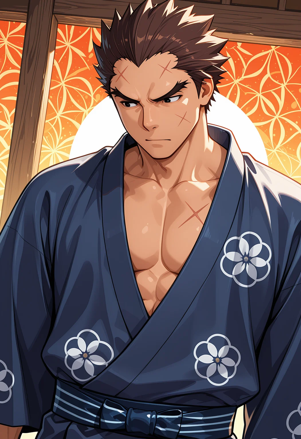 masterpiece, best quality, amazing quality, dutch angle, dynamic angle, abstract background, BREAK
1boy, male, rs_batsu, brown hair, scar, black eyes, thick eyebrows, yukata, japanese clothing, upper body focus, BREAK
<lora:cfg_scale_boost:.6> <lora:Batsu_Ichimonji_-_Rival_Schools_-_ILXL:1>