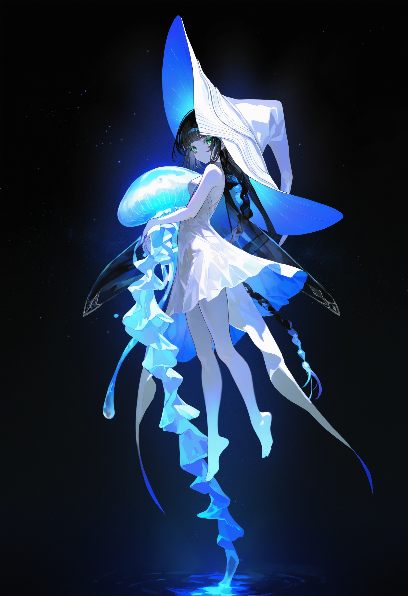 artist:[ruoganzhao|yoneyama mai|fuzichoco|diyokama|lack|lam \(ramdayo\)]
bioluminescence, 1girl, hat, witch hat, barefoot, blue glow, braid, black hair, solo, long hair, jellyfish, bags under eyes, long eyelashes, colored eyelashes, green eyes, white headwear, witch, blue theme, black theme, looking at viewer, full body, night, underwater, bangs, star \(sky\), water, dark, spot color,
backlighting, depth of field,  partially obscured,
masterpiece, best quality, very awa, absurdres
<lora:noobai_vpred_1_masterpieces_v1:1>