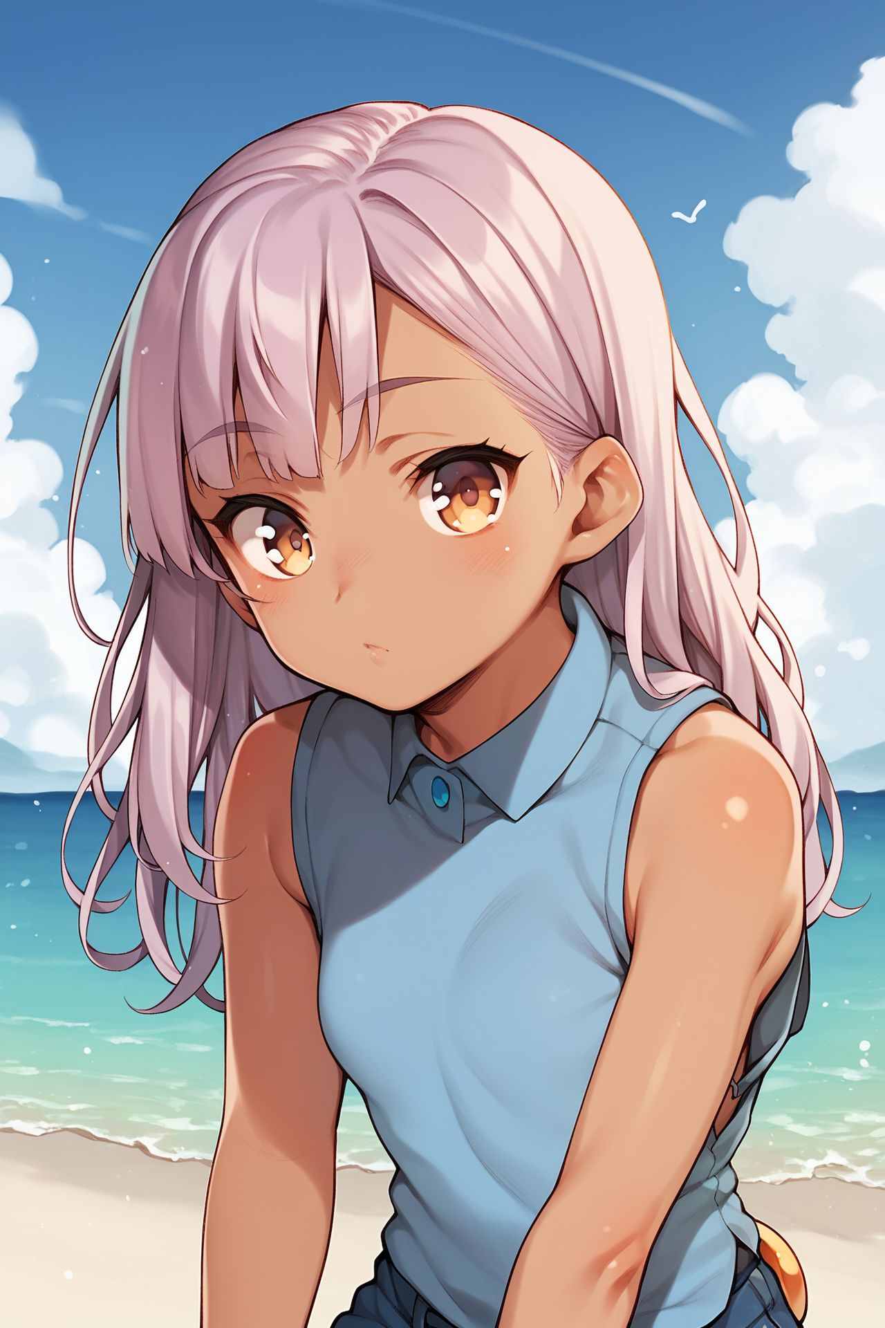 score_9, score_8_up, score_7_up, 1girl, brown skin, :>, light purple hair, straight-across bangs, quin tails, light brown eyes, blue sleeveless shirt, day <lora:RabbishKingdom_Uousa-ou_PonyXL_style_v01:1>