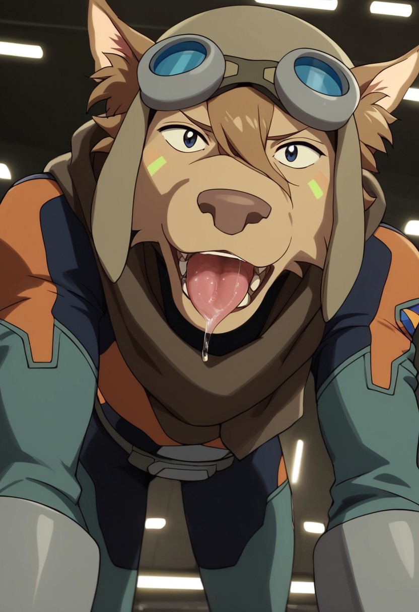 olia_voltron_gogglesON, 1girl, female furry, anthro, canide, golden fur, brown animal ears, brown hair, black eyes, small yellow tattoos on each cheeks, claws, long tail, pilot helmet and goggles, brown scarf, green and orange suit, pocket belt, score_9_up, score_8_up, score_7_up, BREAK, 1girl, solo, from below, head tilt, horny, crawling toward viewer, on all fours, saliva, tongue out, looking at viewer, ultra detailed, detailed background, paceship cockpit background, masterpiece, best quality, 8k, Expressiveh, realistic, 3d, full shot