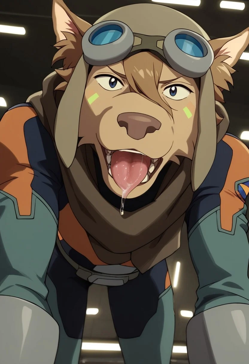 olia_voltron_gogglesON, 1girl, female furry, anthro, canide, golden fur, brown animal ears, brown hair, black eyes, small yellow tattoos on each cheeks, claws, long tail, pilot helmet and goggles, brown scarf, green and orange suit, pocket belt, score_9_up, score_8_up, score_7_up, BREAK, 1girl, solo, from below, head tilt, horny, crawling toward viewer, on all fours, saliva, tongue out, looking at viewer, ultra detailed, detailed background, paceship cockpit background, masterpiece, best quality, 8k, Expressiveh, realistic, 3d, full shot