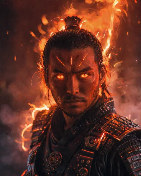 glowneon, glowing samurai emitting sparks and electricity, dark red and orange, glowing eyes, cinematic film still <lora:glowneon_xl_v1:1> <lora:add-detail-xl:0.8>