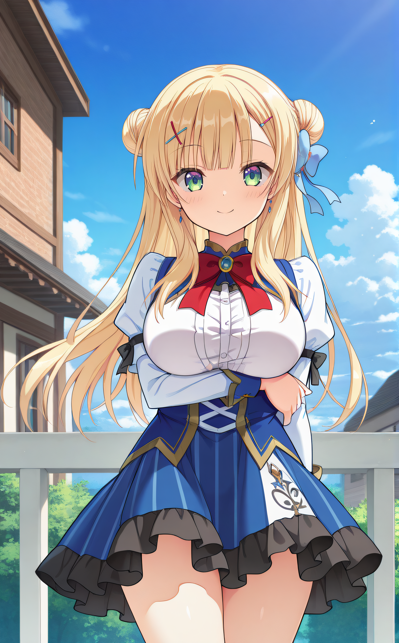 masterpiece, best quality, highres, scenery, newest, 1girl, solo, official style, <lora:IL_Sylvia_le_Cruzcrown:1>, sylvia, blonde hair, green eyes, long hair, double bun, odango hair, hairclip, single_blue_hair_ribbon, large breasts, red_bowtie, juliet sleeves, white long sleeves, blue skirt, black frills, thighs, looking at viewer, smile, outdoor, cowboy shot, blue sky, clouds, breast hold