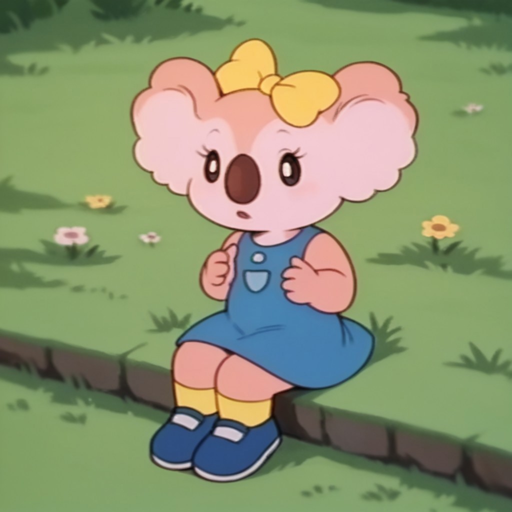 score_9, score_8_up, score_7_up, score_6_up, score_5_up, score_4_up, source_furry, Laurakoala, semi-anthro, female, koala, peach fur, blue dress, yellow bow, yellow socks, blue shoes, sitting, outside, in the grass