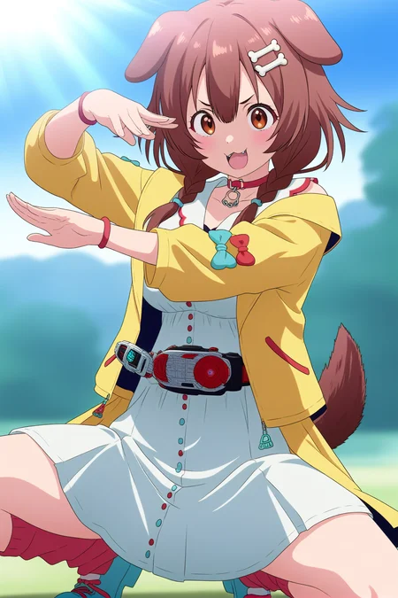 <lora:Illustrious_susamix_LoRA:1>
1girl, inugami korone,
Masterpiece,
General, Questionable,
Newest,
anime coloring, henshin pose, kamen rider, day, sunlight,