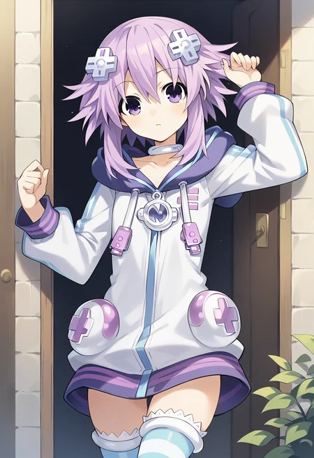 nepnep, Nephoodie, short hair, hair ornament, thighhighs, purple eyes, jacket, purple hair, choker, striped, hood, hoodie, striped thighhighs, d-pad, d-pad hair ornament, neptune \(neptune series\), <lora:Doom PonyXL Neptune:1>, looking at viewer, score_9, score_8_up, score_7_up, score_6_up, score_5_up, score_4_up , anime coloring ,BREAK source_anime, anime