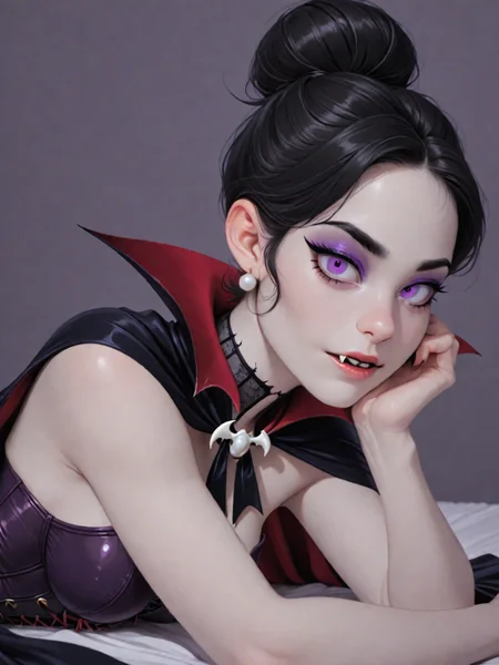 upper body,1girl,solo,p3rs3ph,black hair, single hair bun, purple eyeshadow, purple eyes, pearl earrings,wearing Jedvmp, vampire outfit, cape,corset,lie down,looking at viewer,<lora:Persephone:0.8>,<lora:VampireIL:1.0>