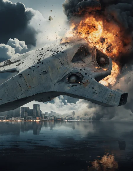 By Paul Chadeisson. A digital illustration shoot from below about a futuristic spaceship flying through a massive explosion over a body of water, with smoke and flames surrounding it. the image also shows a dramatic scene of destruction and chaos. on the center of the image, a large, imposing, grey, futuristic spaceship appears to be in the midst of a fierce battle, flying through the air with its wings spread wide as it ascends into the sky. the spaceship is completely destroyed, with debris and debris scattered around it. it has a sleek, angular design with a metallic sheen, and is surrounded by a thick layer of smoke and fire. the ship is in the middle of the frame, with the flames and smoke billowing behind it, creating a dramatic and intense atmosphere. the sky is filled with dark, ominous clouds, and the water below reflects the intensity of the scene, with a reflection of the ship in the water's surface. in the background, a cityscape with tall buildings and skyscrapers can be seen, adding to the sense of chaos and destruction. the overall scene is set against a dark, stormy sky, with dramatic lighting and dramatic clouds, making the scene feel intense and dramatic.