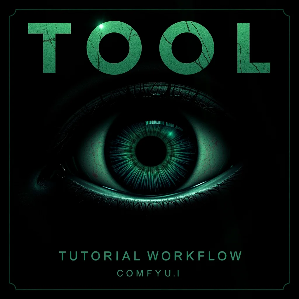 TOOL Band style album cover, album title text is "ComfyUI Tutorial Workflow", dark theme, third eye, realistist zoomed in eye ball, 2 pupils, dark green, detailed, abstrac, alex gray