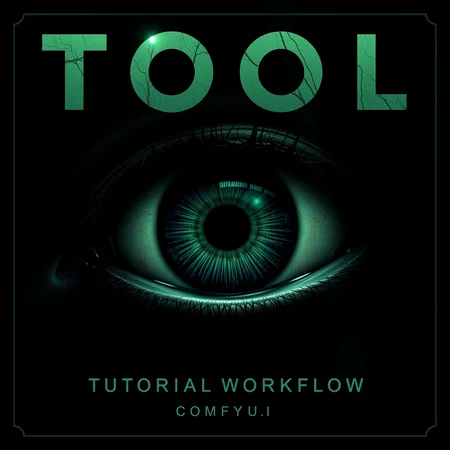 TOOL Band style album cover, album title text is "ComfyUI Tutorial Workflow", dark theme, third eye, realistist zoomed in eye ball, 2 pupils, dark green, detailed, abstrac, alex gray