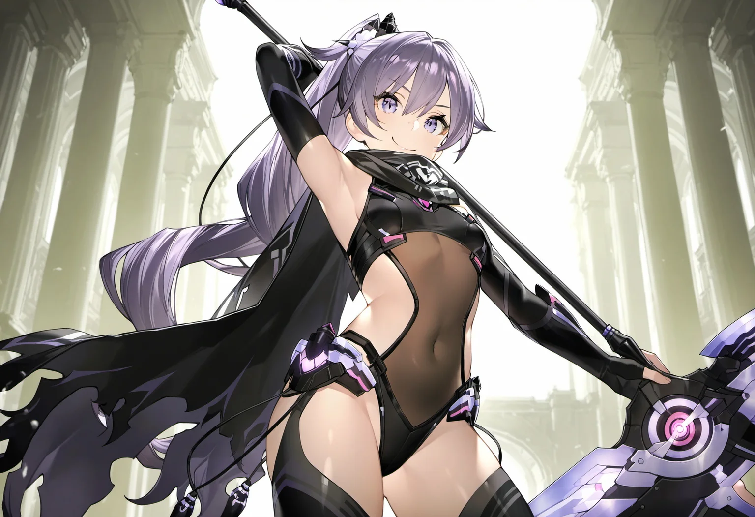 masterpiece, best quality, <lora:takase_rio_character_ill_v1:1> charactertakaserio, 1girl, solo, long hair, breasts, looking at viewer, smile, gloves, thighhighs, holding, navel, hair between eyes, closed mouth, very long hair, purple eyes, purple hair, ponytail, weapon, cowboy shot, small breasts, black gloves, black thighhighs, elbow gloves, fingerless gloves, armpits, holding weapon, scarf, cape, arm up, leotard, covered navel