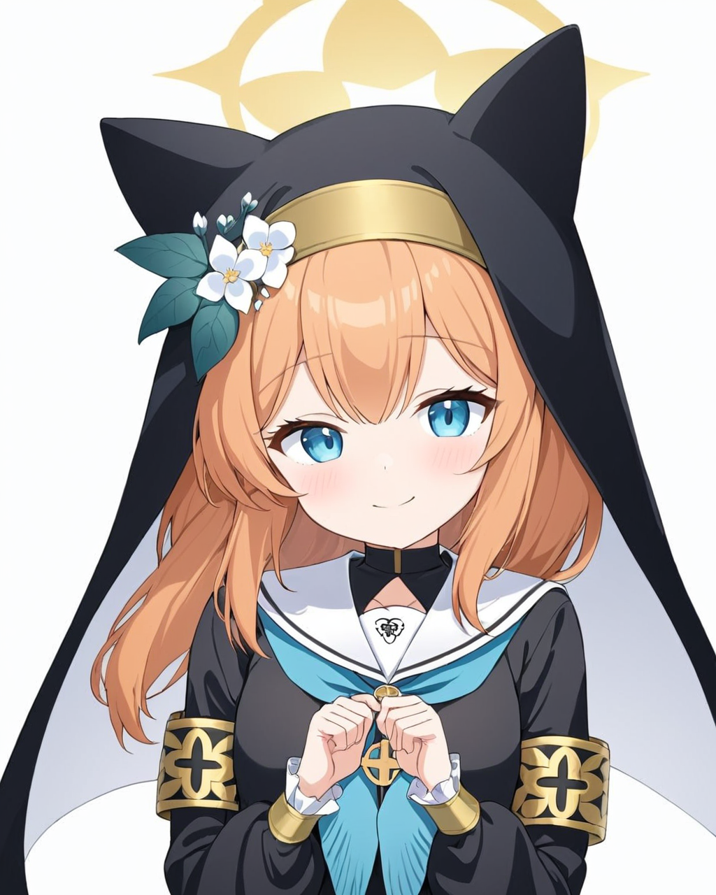 mari \(blue archive\),1girl, animal_ear_headwear, solo, nun, white_background, simple_background, halo, smile, looking_at_viewer, habit, sailor_collar, seiza, blush, facial, long_sleeves, blue_neckerchief, hat_flower
<lora:mari_(blue_archive)_image2498_2023-11-28-000008:1>halo. gorgeous,key visual, vibrant, studio anime,award-winning, professional, highly detailed,high budget, cinemascope