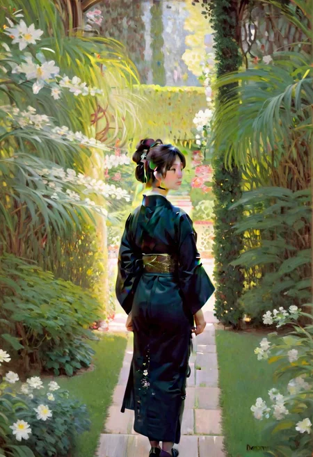 best quality, quality, masterpiece, a young japanese woman with blunt bangs and long dark hair in a bun walks through a garden she wears a black kimono in a monochromatic color palette and simple hair ornaments ,negative_hand,monet,by gustavklimt,painting,back to the viewer,geta