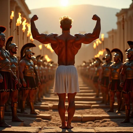 a beautiful 18yo scandanavian bodybuilder man is shirtless, full body shot, messed up style hair, cover model looks, skin details, he is standing on the steps of the Acropolis in ancient Greece at noon under the blazing sun, the area lit up by torches and candles, his eyes are bright blue, hyperdetailed photography, soft light, model look, short blond hair, earrings, bulging muscles, vascular, wearing tight white skirt he is barefoot, his skin is has a dark tan and is glossy, his arms are raised out to the side as he flexes his huge biceps, he is surrounded by male Greek soldiers in full battle uniforms.