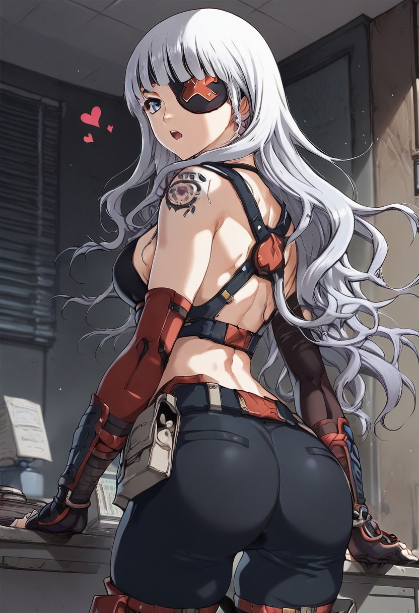 score_9, score_8_up, score_7_up, professional anime,1girl,solo,(kana from leviathan),medium breasts,big ass, perfect ass,round ass,thighs,Kana, dark blue eyes, white hair, long hair, eyepatch, tattoo on shoulder, Kana clothes, pants,pleasure,hearts,short girl,room,