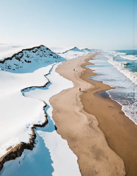 Aerial photograph of a lone figure standing on a sandy beach with snow-covered dunes on either side, captured using a high-quality DSLR camera with a wide-angle lens. The image has a very high aesthetic quality with excellent composition, utilizing leading lines created by the shoreline and the path of the snow. The figure is centered in the frame, adhering to the rule of thirds. The lighting is natural, likely from the midday sun, providing bright, even illumination across the scene. The depth of field is deep, with both the foreground and background in sharp focus. The ocean waves are visible on the right side of the image, with a mix of blue and white foam. The sky is clear, adding to the overall crispness of the image. The snow appears powdery and pristine, contrasting with the smooth, golden sand. The image has a serene, tranquil atmosphere, emphasizing the beauty of the natural landscape. <lora:Landscapes_II_epoch_8:1>