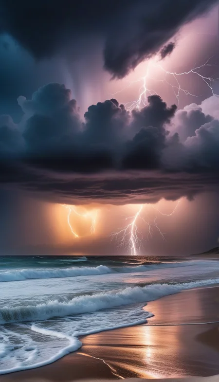 A breathtaking scene of a towering mountain overlooking a vast beach, where powerful waves crash against the shore. Dark storm clouds roll across the sky, illuminated by streaks of lightning that pierce through the gloom, casting dramatic reflections on the wet sand. In the distance, the sun sets, its golden rays breaking through the storm, creating a stunning contrast between the dark clouds and the vibrant horizon. Ultra_detailed, 8k, cinematic lighting, photorealistic, wide-angle shot, intense and majestic, combining the forces of nature for a powerful, awe-inspiring view.