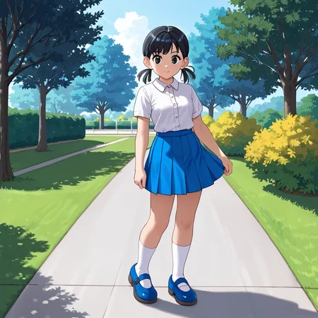 outdoors, park, <lora:MagaliV2:1> MagaliTDM, 1girl, solo, shirt, short sleeves, shoes, socks, white socks, mary janes, blue footwear, white shirt, pleated skirt, blue skirt, blue footwear, black hair, three strands of hair that seem to resemble pigtails, black eyes, short,