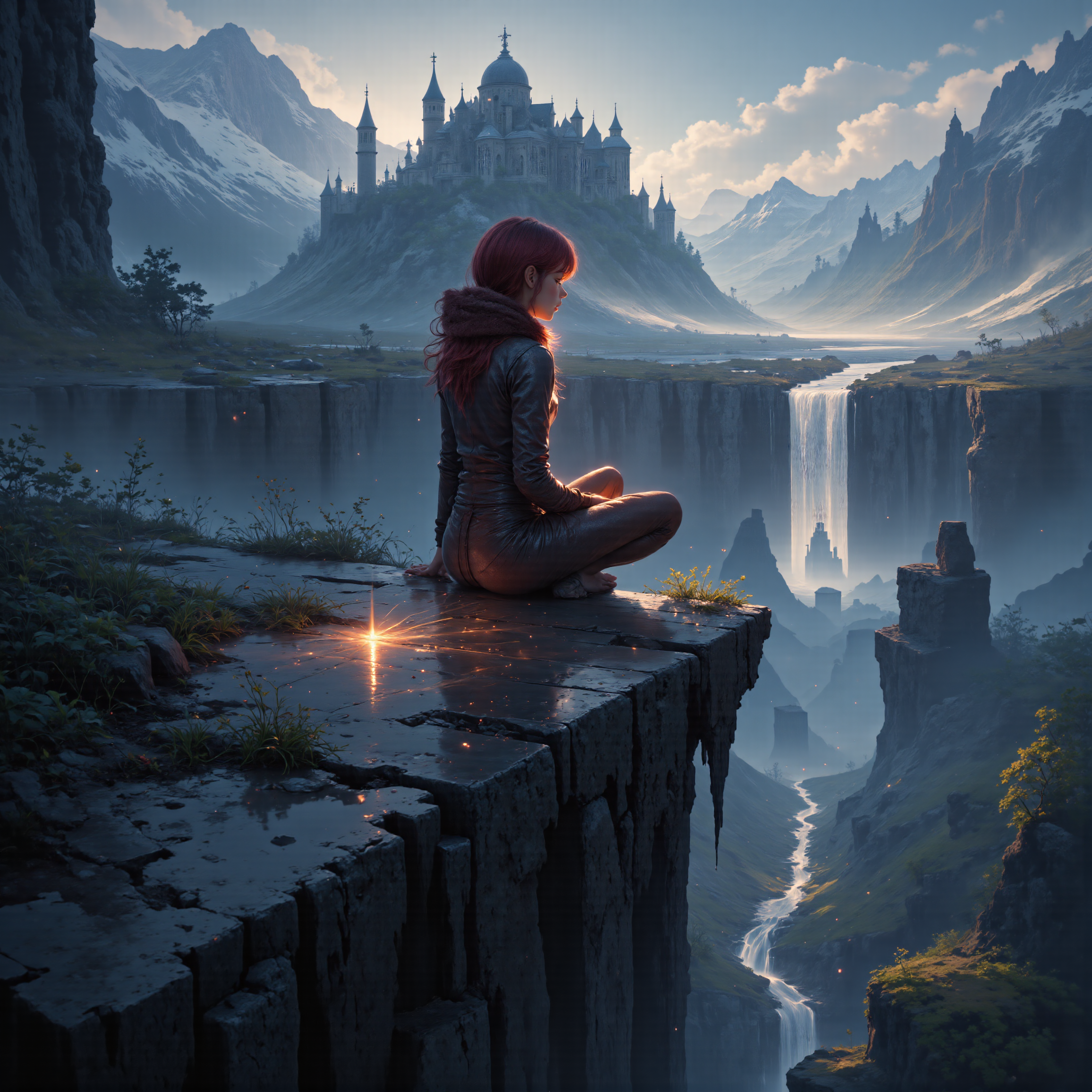 A lone female figure with vibrante auburn hair, draped in furs and dark fabric, sitting on a precipice overlooking a tenebrous, reflective water surface, legs dangling off the edge. Looking out at the mountinous landscape, a lone castle in the distance with a parrilous trail leading up to it. Their form is mirrored below in the water. dreamwave, aidmaGlow   <lora:FLUX - Booster for Glow Lightning Reflection Illumination ( aidmaGlow ):0.8> <lora:FLUX - Dreamwave Abstract Style ( dreamwave ):0.6>