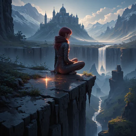 A lone female figure with vibrante auburn hair, draped in furs and dark fabric, sitting on a precipice overlooking a tenebrous, reflective water surface, legs dangling off the edge. Looking out at the mountinous landscape, a lone castle in the distance with a parrilous trail leading up to it. Their form is mirrored below in the water. dreamwave, aidmaGlow <lora:FLUX - Booster for Glow Lightning Reflection Illumination ( aidmaGlow ):0.8> <lora:FLUX - Dreamwave Abstract Style ( dreamwave ):0.6>