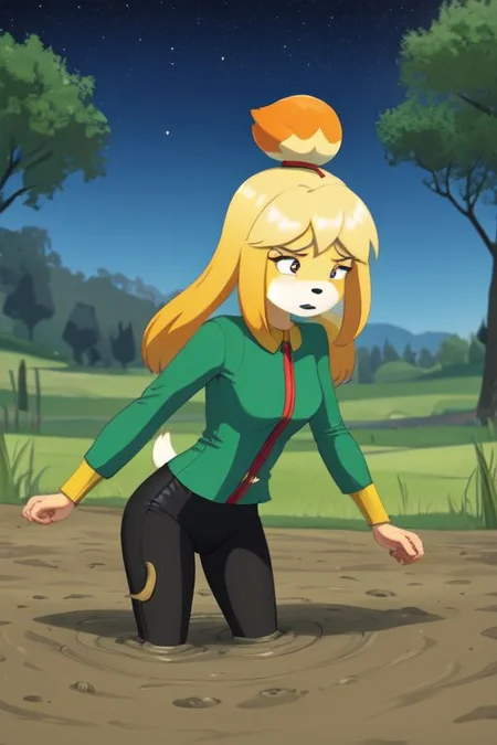 isabelle \(animal crossing\), (masterpiece, best quality:1.15), 1girl, solo, large breasts, high cheekbones, thick eyebrows, small mouth, looking to the side, leaning forward, adjusting clothes, tight leggings, green crop top shirt, starry nights, long hair, twin short braids, scared, partially submerged, struggling, farmland bog, quicksand, worried, sinking