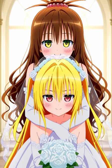 masterpiece, best quality,   <lora:ToLoveRuStyleIXL_v1:1.0>,  2girls, hug, blush,  smile, looking at viewer,   konjiki no yami, 1girl, solo, red eyes, long hair, blonde hair, two side up, hair between eyes, hair intakes, very long hair, yuuki mikan, 1girl, solo, yellow eyes, long hair, brown hair,    bride, wedding dress, bridal veil, strapless dress, elbow gloves, holding bouquet, smile, looking at viewer,