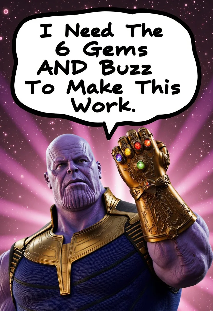 Thanos, holding up the infinity gauntlet, word balloon reads "I Need The 6 Gems AND Buzz To Make This Work." aidmatextimprover