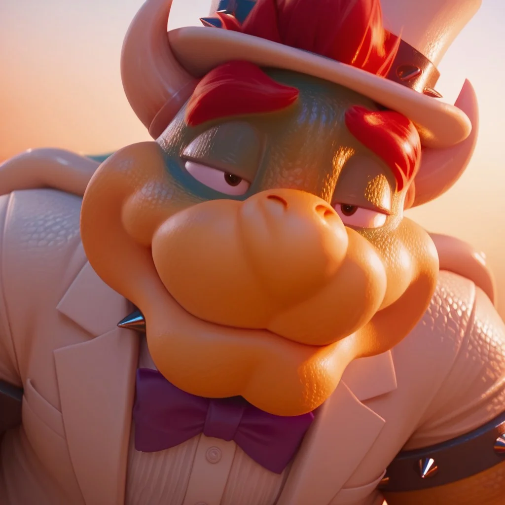 Masterpiece, Bowser, koopa, half closed eyes, smile, closed mouth, Red hair, Spiked bracelets, spiked collar, realistic, detailed, daylight, outside, half body, realistic, sexy, good angle , husband outfit, white top hat, white suit, Purple bow, white clothes, broad shoulders, fat, half body