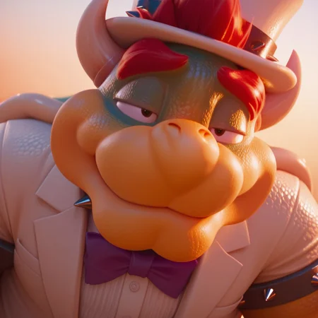 Masterpiece, Bowser, koopa, half closed eyes, smile, closed mouth, Red hair, Spiked bracelets, spiked collar, realistic, detailed, daylight, outside, half body, realistic, sexy, good angle , husband outfit, white top hat, white suit, Purple bow, white clothes, broad shoulders, fat, half body