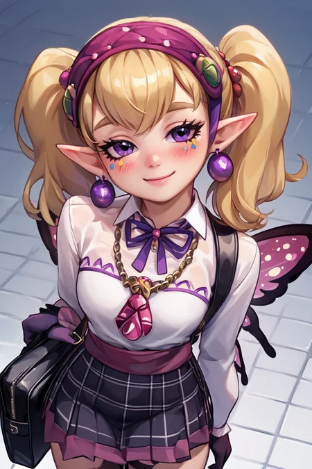 score_9, score_8_up, score_8, medium breasts, (curvy), cute, eyelashes, BREAK, , <lora:Agitha_Zelda_PDXL:0.8>, zzAgitha, purple eyes, blonde hair, twintails, pointy ears, jewelry, earrings, gloves, dress, butterfly wings, , BREAK, closed mouth, alternate costume, smile, looking at viewer, collared shirt, blush, sweater, black skirt, eyelashes, long sleeves, sleeves past wrists, plaid skirt, shoulder bag, black bag, blurry, tile floor, pleated skirt, white shirt, cowboy shot, embedding:zPDXL, Expressiveh, <lora:Vivid:0.7>, <lora:Uncensored_PonyXL_cpt_v02.09:0.4>, <lora:Expressive_H-000001:0.4>,