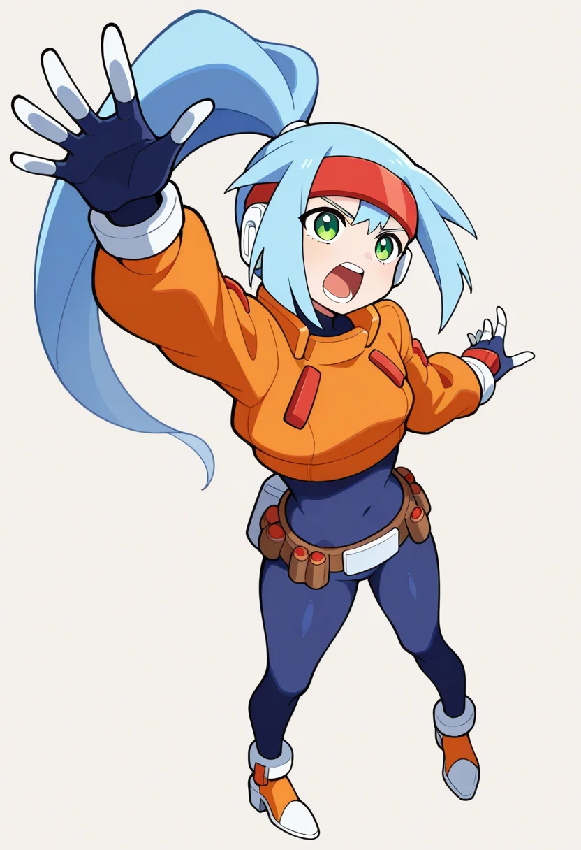 1girl, solo, ashemmzxa, blue hair, long hair, high ponytail, headband, green eyes, robot ears, bodysuit, crop top, long sleeves, white bracelet, gloves, belt, high heels, from above, one arm up, reaching out, standing, open mouth, shouting,
