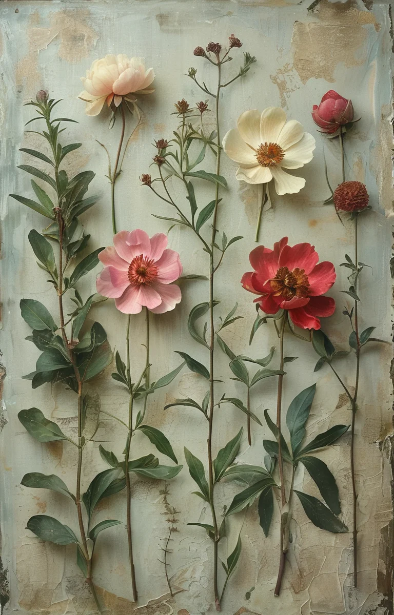 masterpiece,best quality,<lora:tbh229-sdxl:0.9>,style of Herbarium decaying peonies