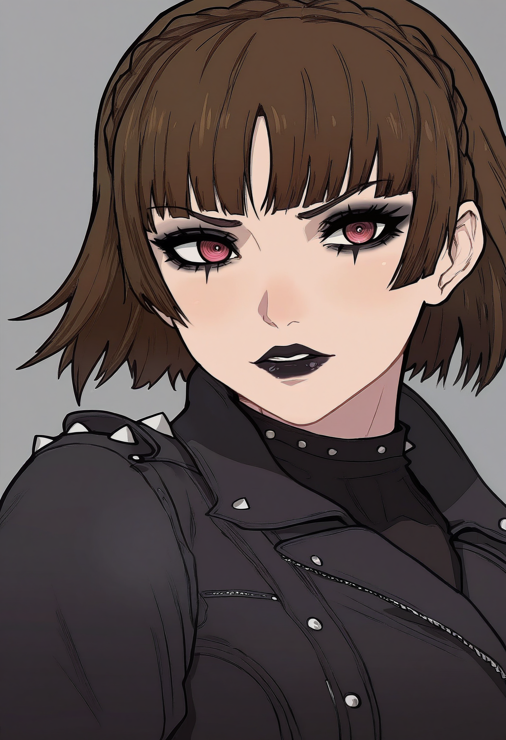 1girl, solo, niijima makoto, goth fashion, leather jacket, makeup, 
masterpiece, best quality, <lora:yoracrab-guy90-Illust-Lycorisv1:1> barroy