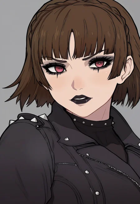 1girl, solo, niijima makoto, goth fashion, leather jacket, makeup, 
masterpiece, best quality, <lora:yoracrab-guy90-Illust-Lycorisv1:1> barroy