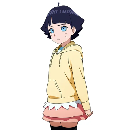 sharp focus, pixiv masterpiece, score_9, score_8_up, source_anime, score_7_up, best quality, highres, absurd res, BREAK
<lora:Himawari_Uzumaki_IL_v36:1>, uzumaki_himawari_il, 1girl, solo, dark-blue_hair, short_hair, yellow_hoodie, blue_eyes, two-layered_skirt, pink_skirt, white_frills, ahoge, black_stockings, cowboy shot, from side, white background, simple background, disappointed