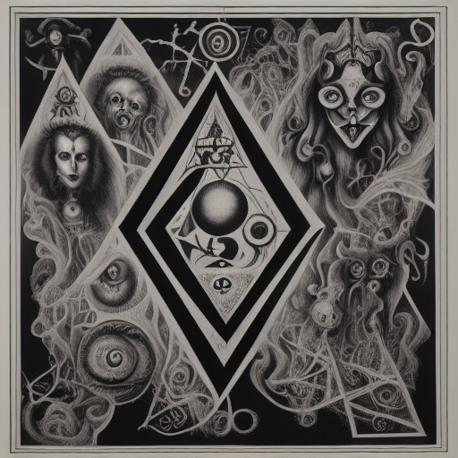 gorgeous surrealist gothic artwork with intertwined symbols and intricate designs inspired by Austin Osman Spare, Escher, Rodchenko, john martin, dali, and Durer. strange degenerate crank banknote printers, triangle, cubism simple primitive encephalogram baroque baron inside pandemonium black metal esoteric collage of hell, an expressionist line drawing of hades, enveloping smoke abstract chenrezig tummo aura, surreal, an electrified wiring diagram, a cracked photograph, having an aura of murk