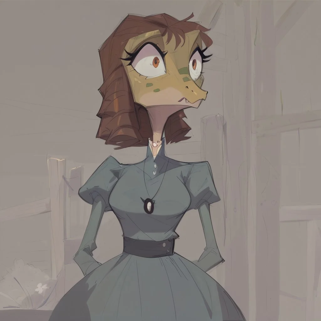 safe_pos, BeansPXL, jewelry, long sleeves, juliet sleeves, necklace, puffy sleeves, dress, blue dress, brown eyes, brown hair, short hair, drill hair, reptile girl, large breasts, narrow waist, wide hips, anthro lizard, scales, furry, female furry, presently surprised face
flat color, fca style, toon \(style\), 2d,score_9, score_8_up, score_7_up, score_6_up, farm house, late afternoon, fence, barn