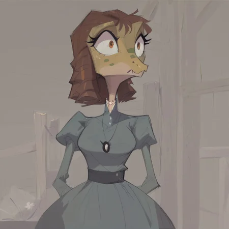 safe_pos, BeansPXL, jewelry, long sleeves, juliet sleeves, necklace, puffy sleeves, dress, blue dress, brown eyes, brown hair, short hair, drill hair, reptile girl, large breasts, narrow waist, wide hips, anthro lizard, scales, furry, female furry, presently surprised face
flat color, fca style, toon \(style\), 2d,score_9, score_8_up, score_7_up, score_6_up, farm house, late afternoon, fence, barn