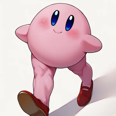 score_9, score_8_up, score_7_up BREAK LongKirby, dark blue eyes, pink body, blush, red shoes, smiling at viewer,